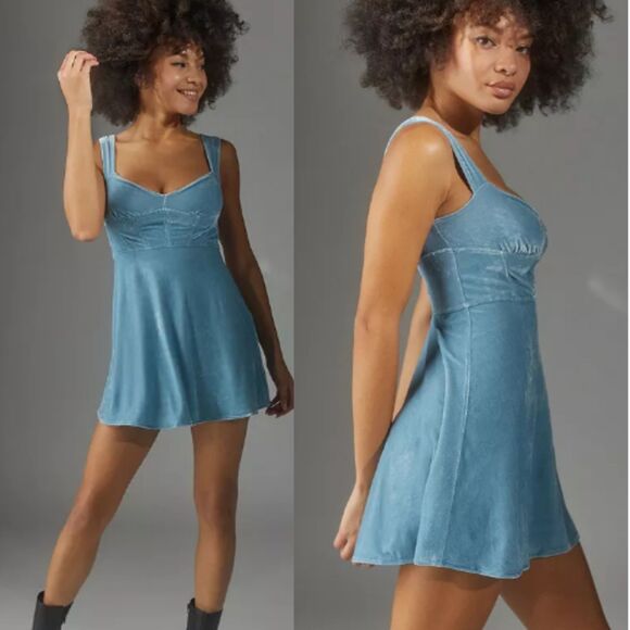 Urban Outfitters Genivieve Velvet Corset Mini Dress Blue Size S Sleeveless Chic - Picture 1 of 9